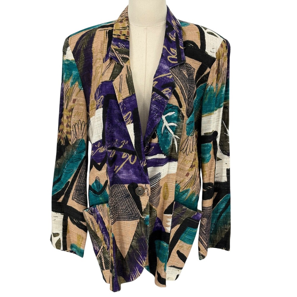 Danielle B Vintage Blazer Purple Teal Abstract Art Print 100% Rayon Medium‎